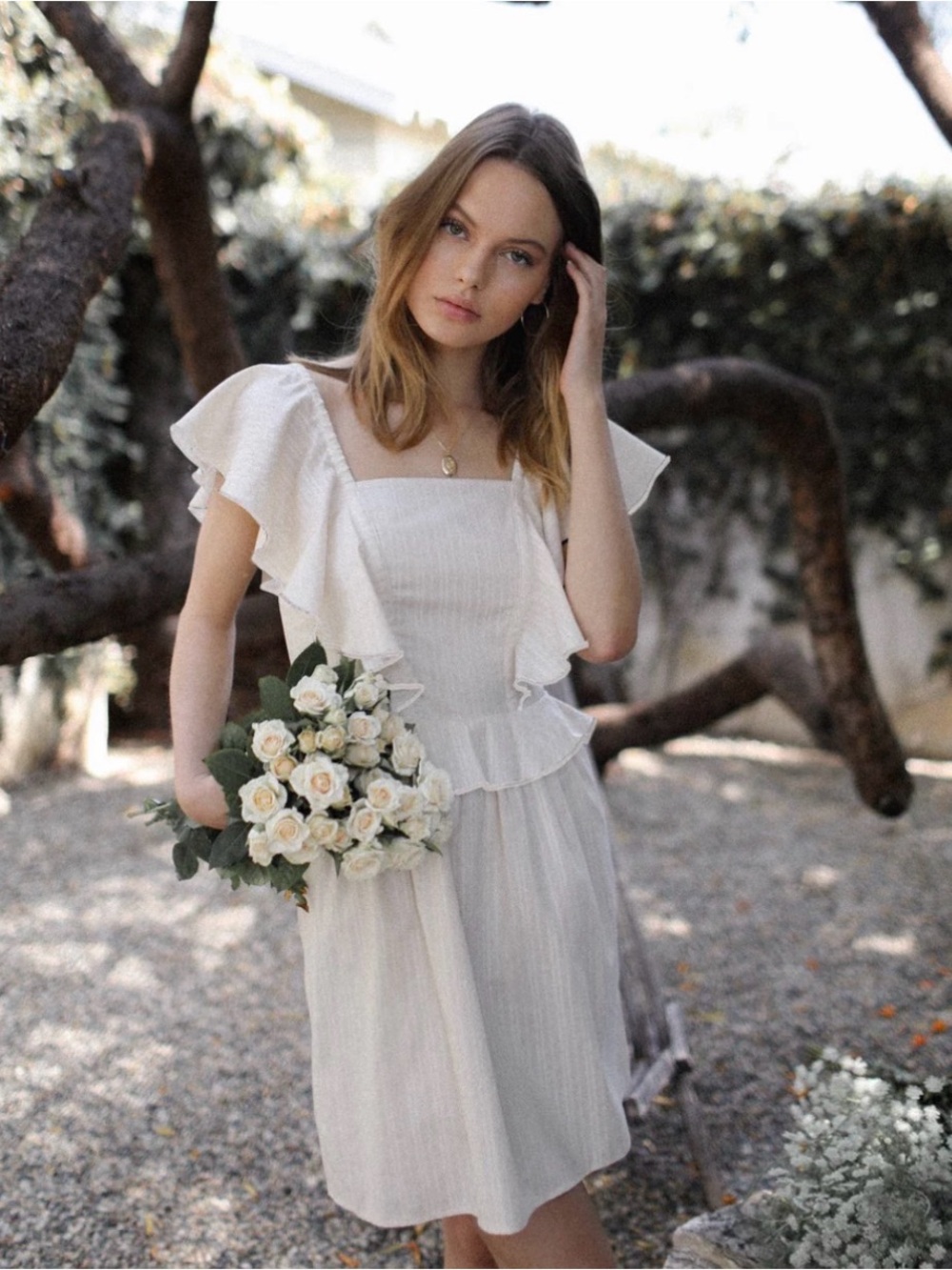 Bianca Fit Flare Dress - Ivory Ruffle Mini Dress with Square Neck